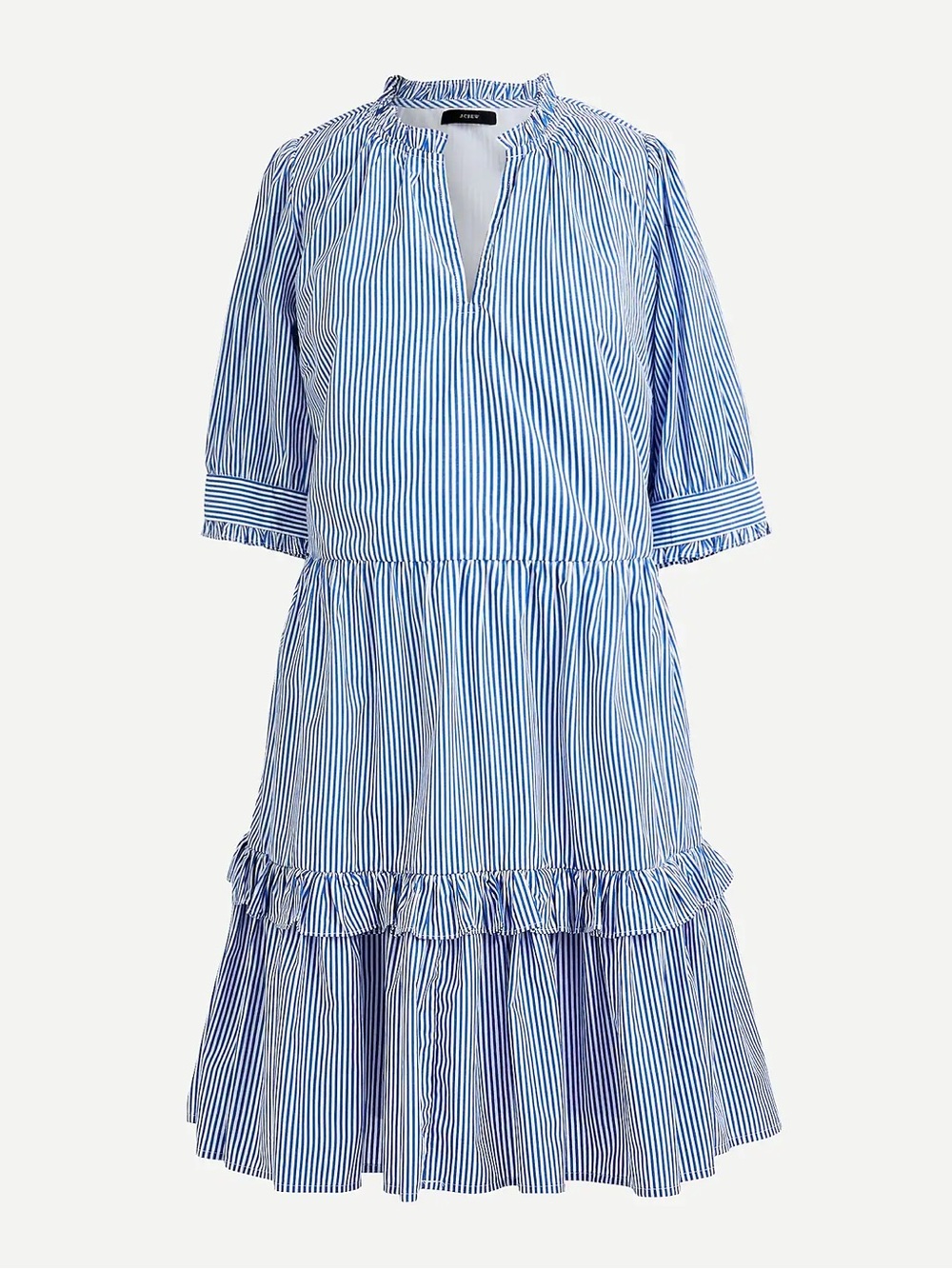 J. Crew tiered ruffle neck popover dress in stripe blue 100% cotton fully lined